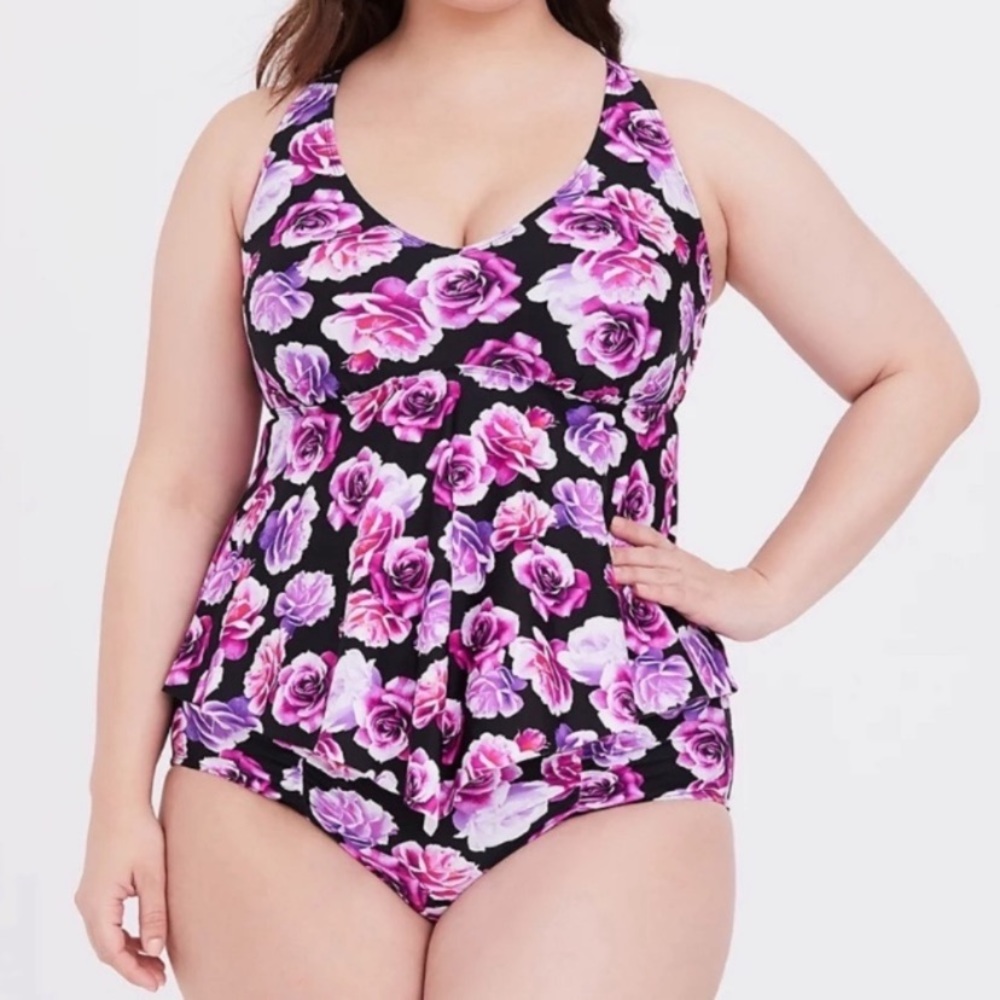 Torrid Pink & Purple Roses Black Tankini & Ruched Bottoms 2pc Swimsuit SET 1X - Picture 4 of 12